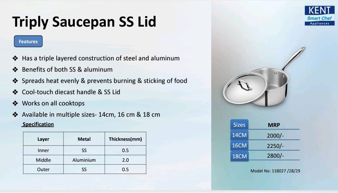 kent triply saucepan ss lid
